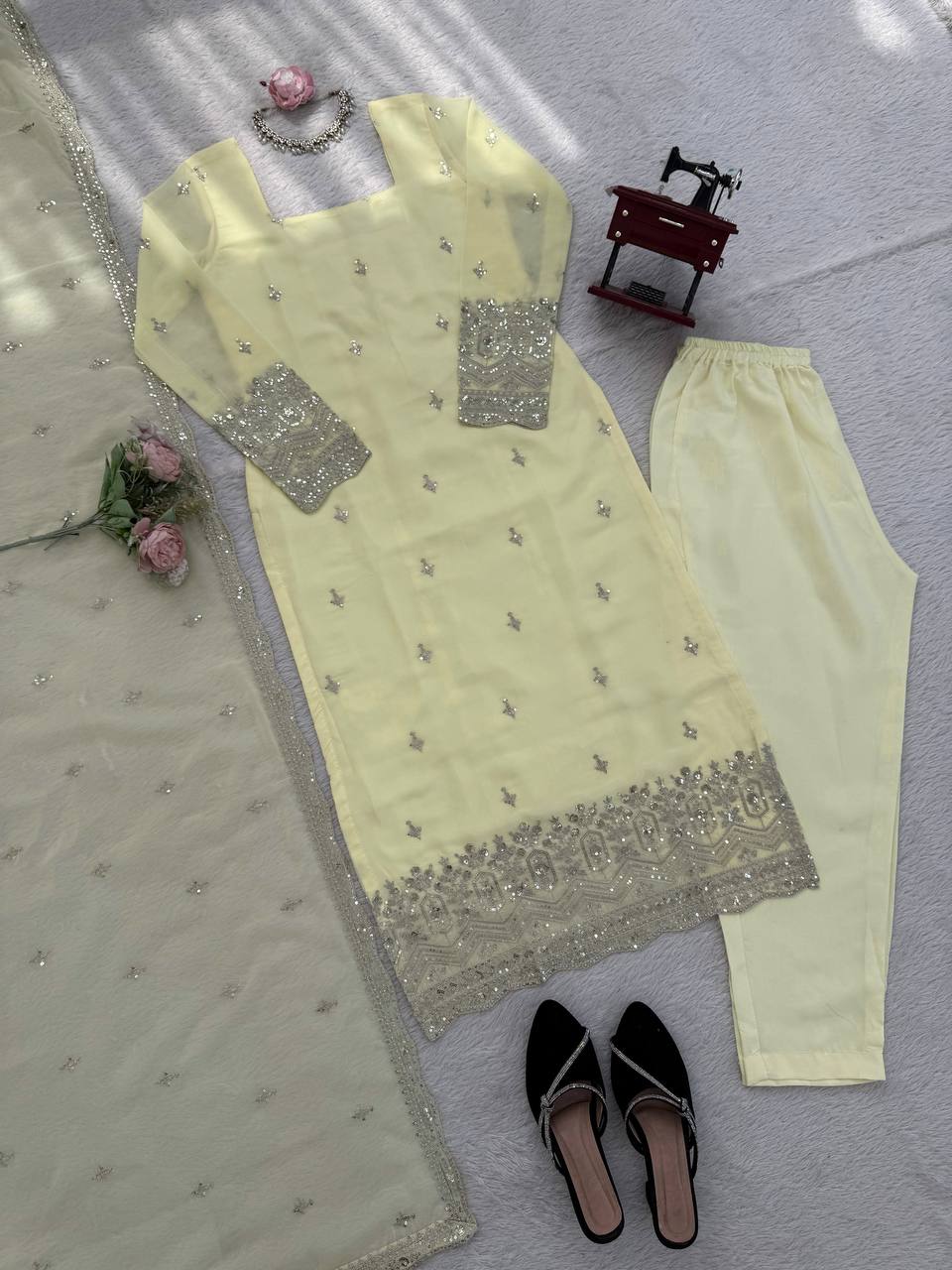 Noir Style Yellow Color Thread with sequnce Work Kurta Set