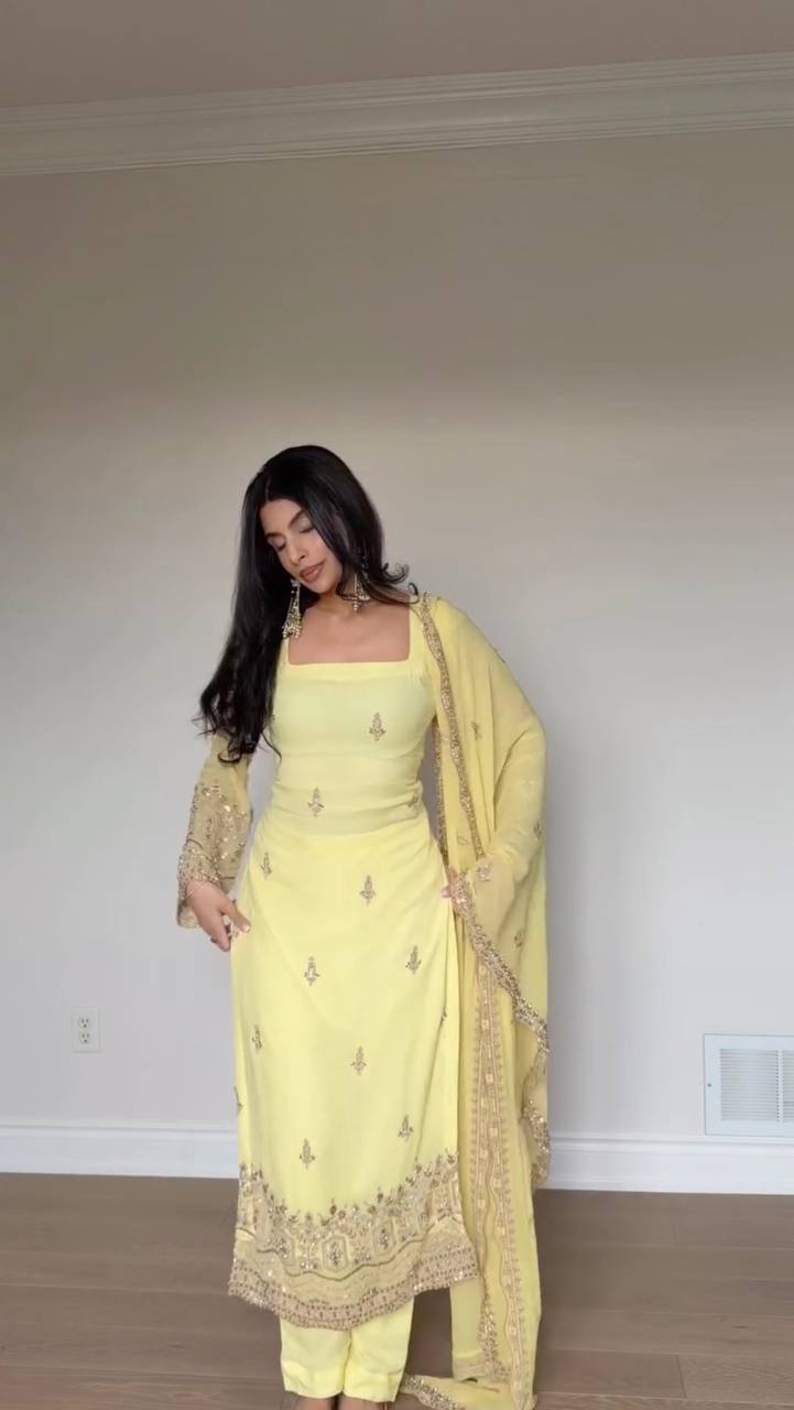 Noir Style Yellow Color Thread with sequnce Work Kurta Set