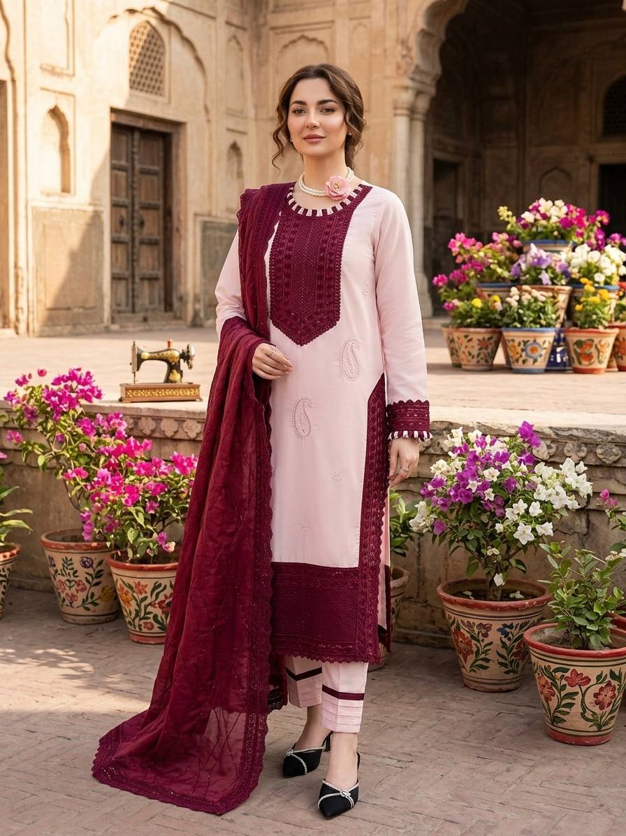 Blush Pink & Wine Color Natural Crep Sequnce work Suit