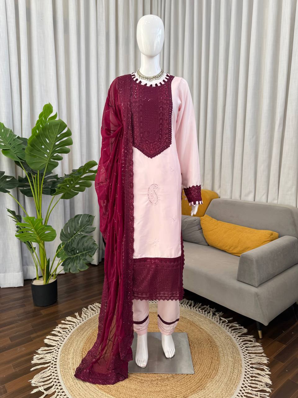 Blush Pink & Wine Color Natural Crep Sequnce work Suit