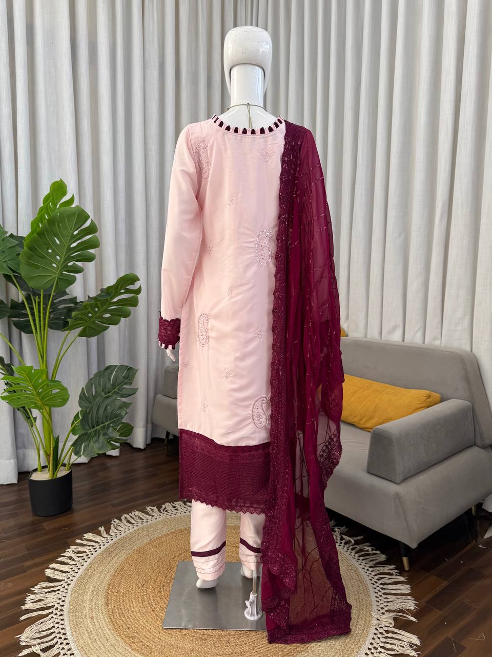 Blush Pink & Wine Color Natural Crep Sequnce work Suit