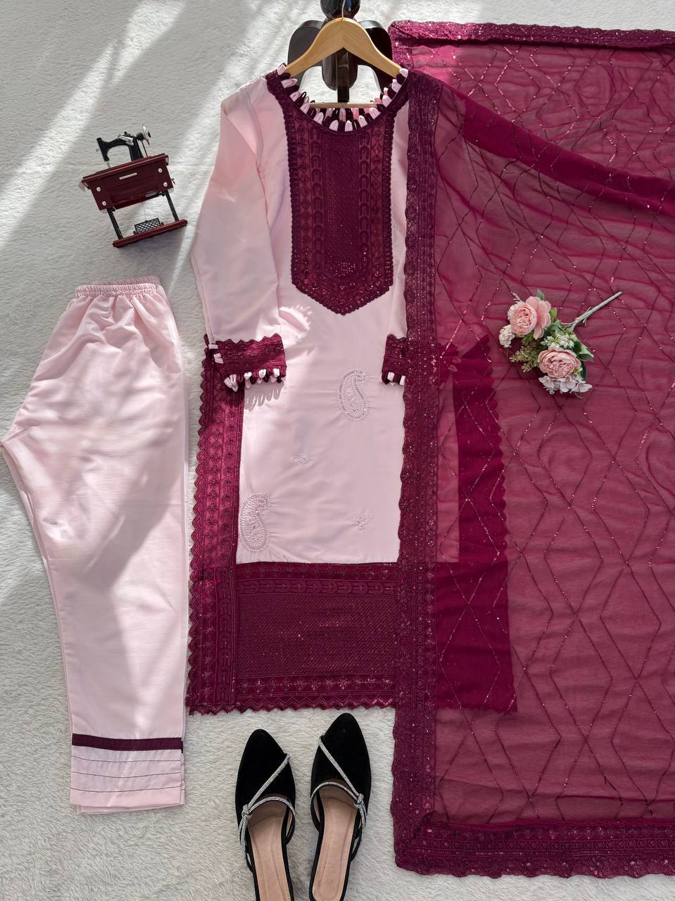 Blush Pink & Wine Color Natural Crep Sequnce work Suit