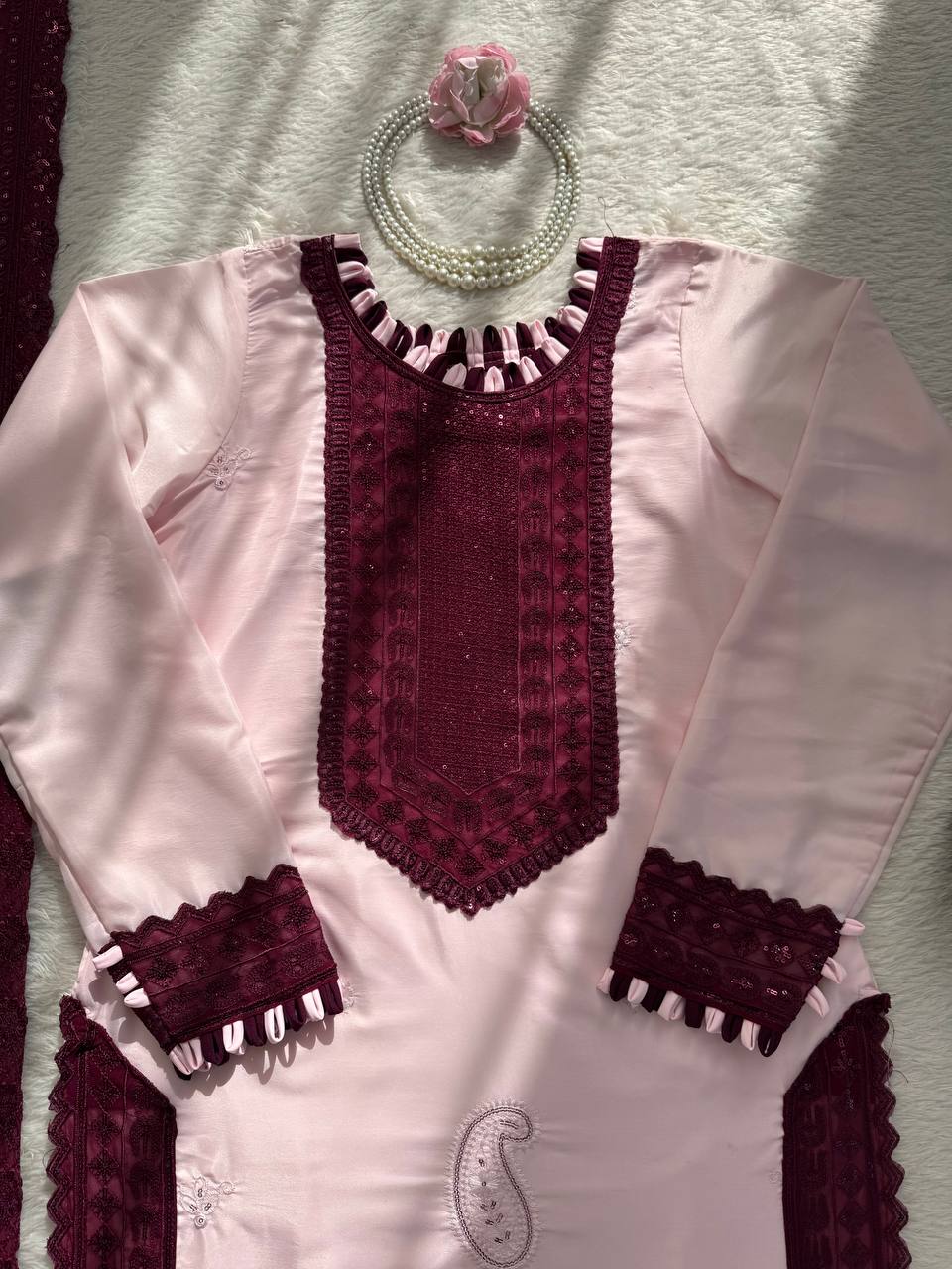 Blush Pink & Wine Color Natural Crep Sequnce work Suit