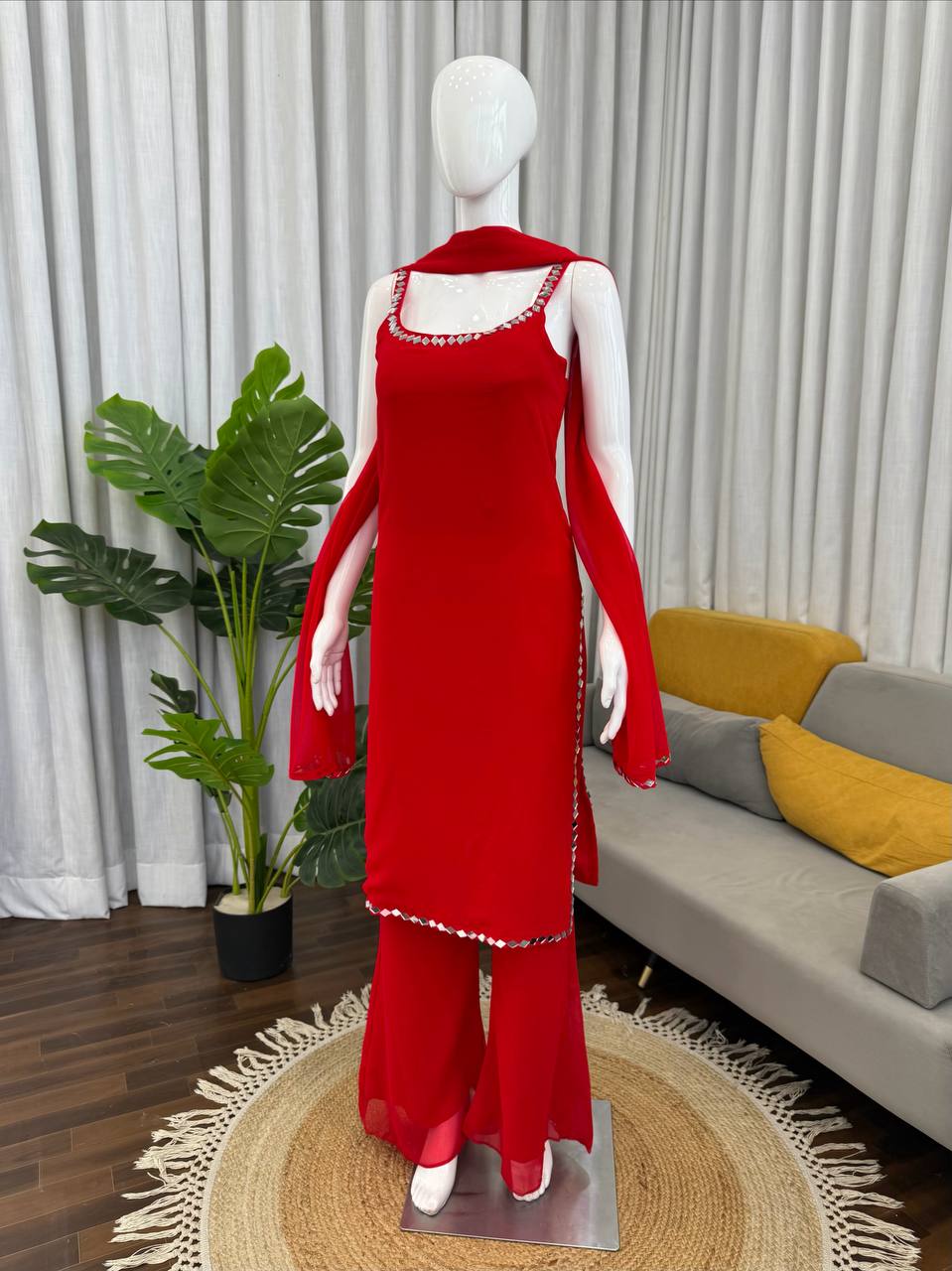 Doll Fit Red Color Georgette Mirror Work Kurta Set
