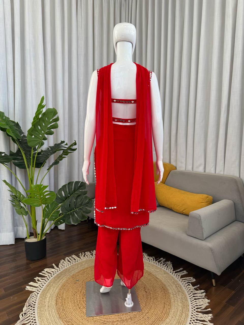 Doll Fit Red Color Georgette Mirror Work Kurta Set