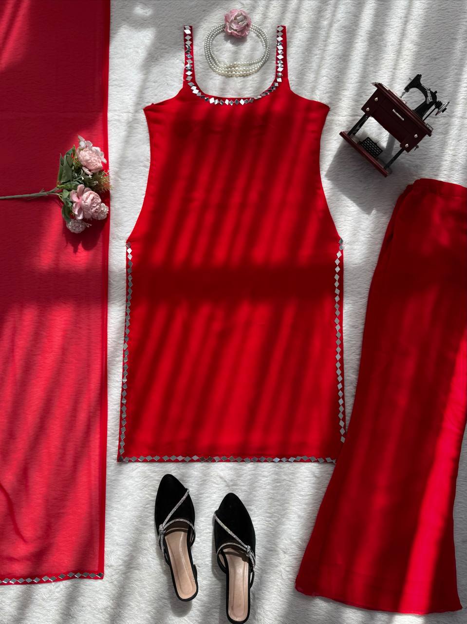 Doll Fit Red Color Georgette Mirror Work Kurta Set