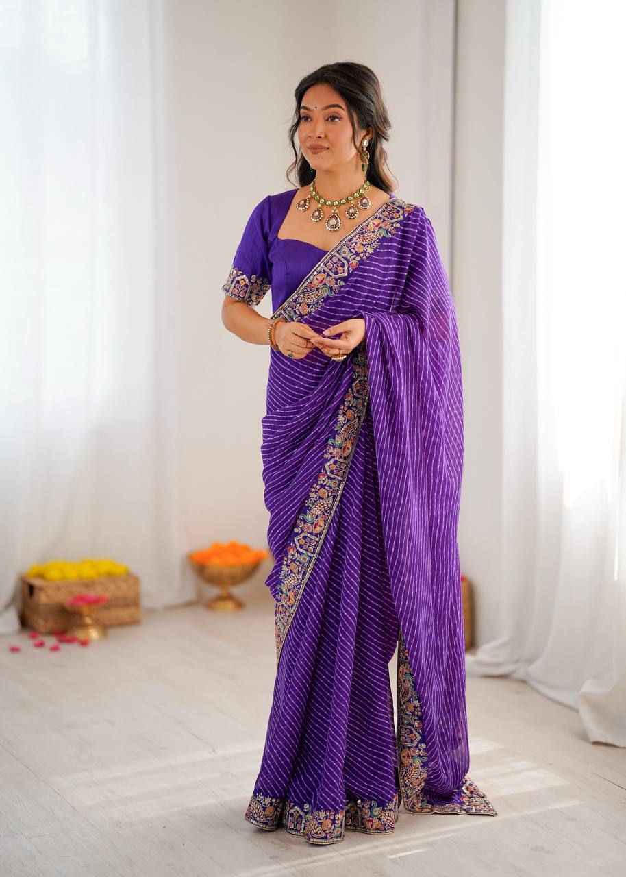 Lavender Trendy Drapes Geogette Badhani Print Saree With Unstich Blouse