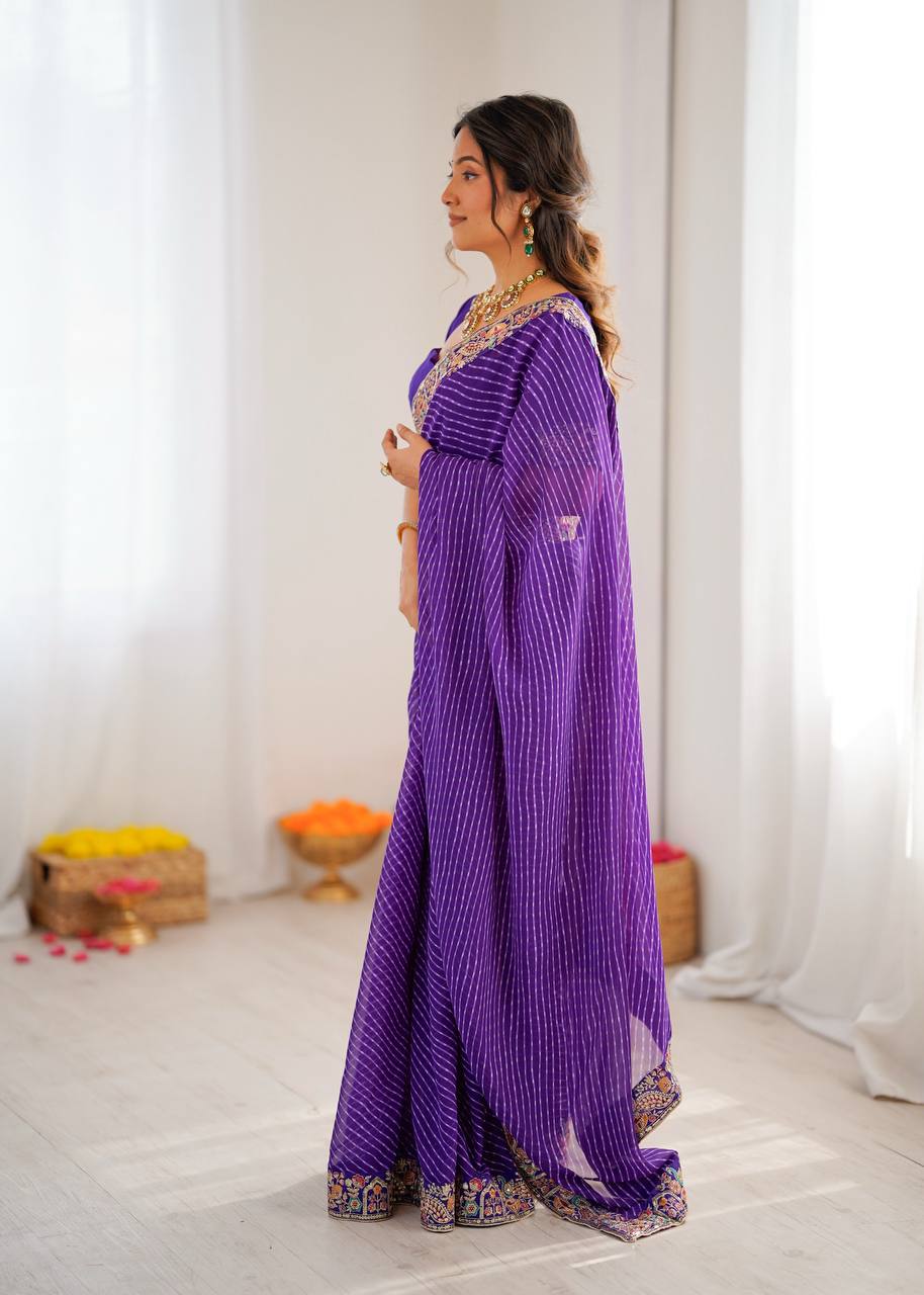 Lavender Trendy Drapes Geogette Badhani Print Saree With Unstich Blouse