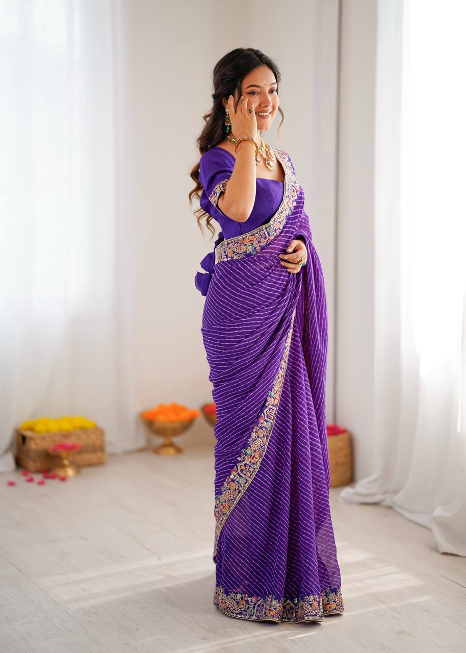 Lavender Trendy Drapes Geogette Badhani Print Saree With Unstich Blouse