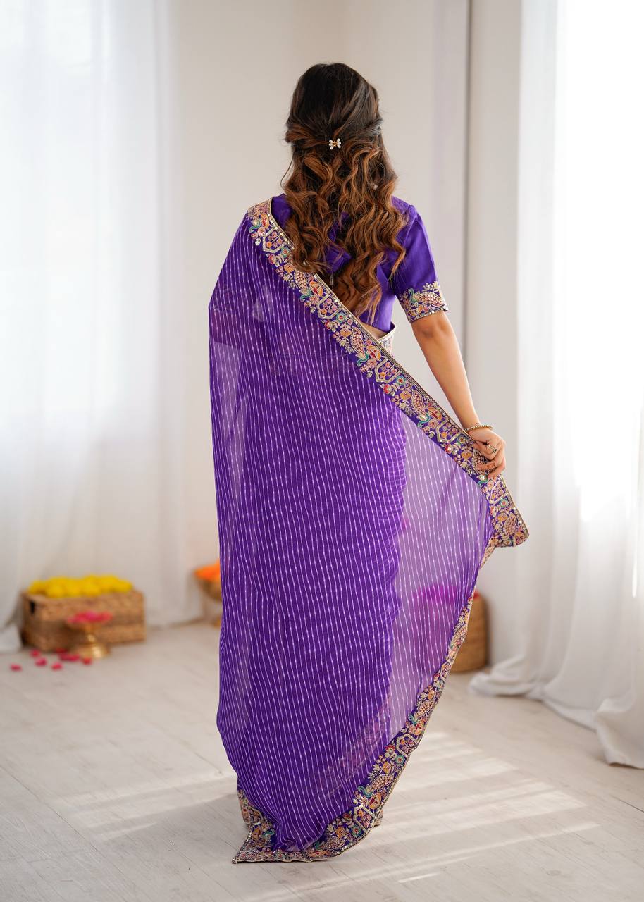 Lavender Trendy Drapes Geogette Badhani Print Saree With Unstich Blouse