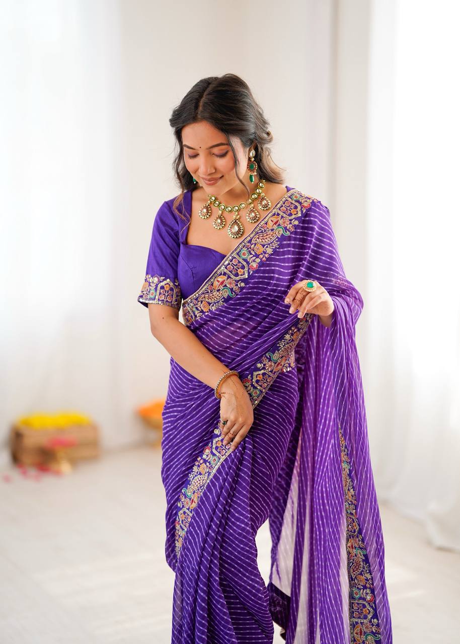 Lavender Trendy Drapes Geogette Badhani Print Saree With Unstich Blouse