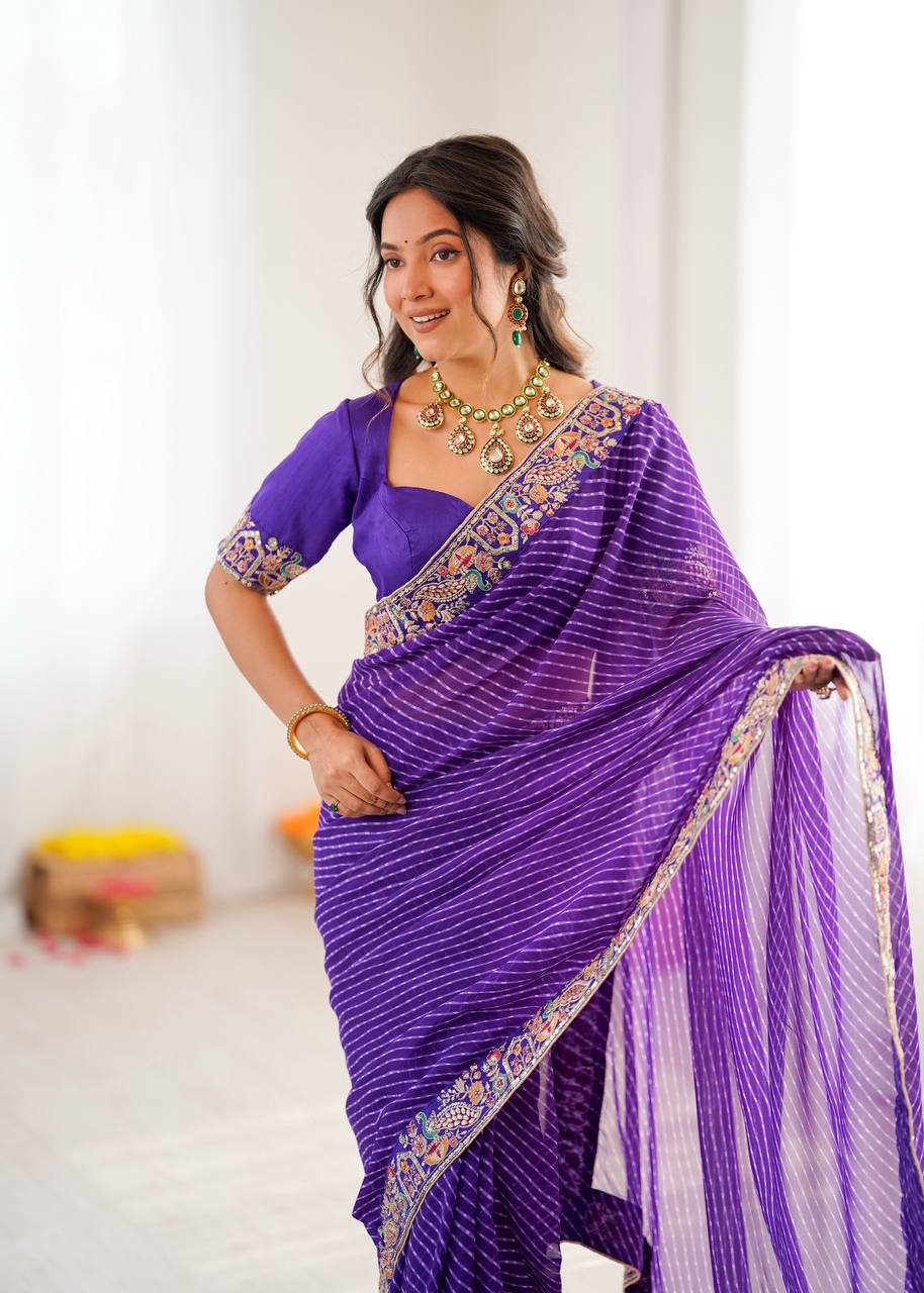 Lavender Trendy Drapes Geogette Badhani Print Saree With Unstich Blouse