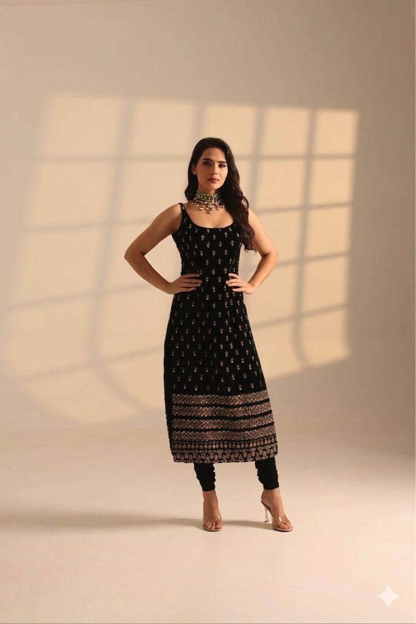 Elite Muse Black Color Roman Glass Kurta With Dupatta Set
