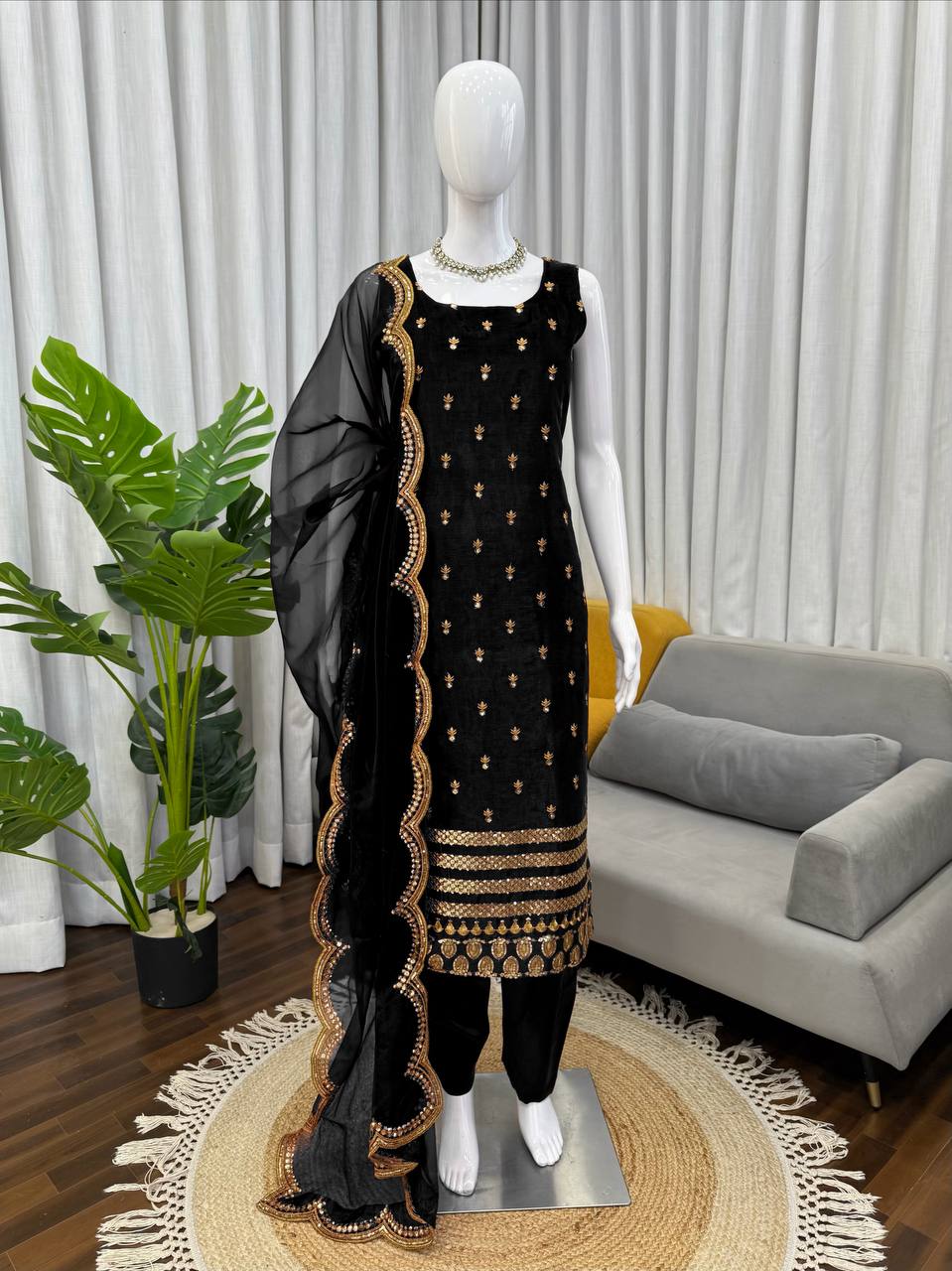 Elite Muse Black Color Roman Glass Kurta With Dupatta Set