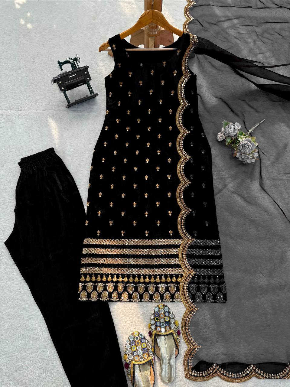 Elite Muse Black Color Roman Glass Kurta With Dupatta Set