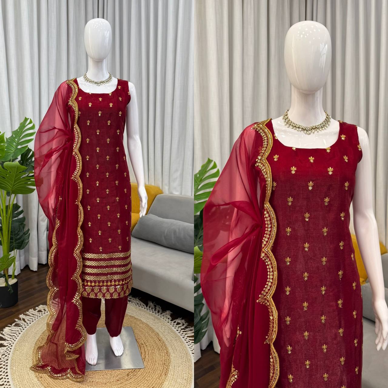 Roman Glass Maroon Thread & Sequnce work Kurta Set