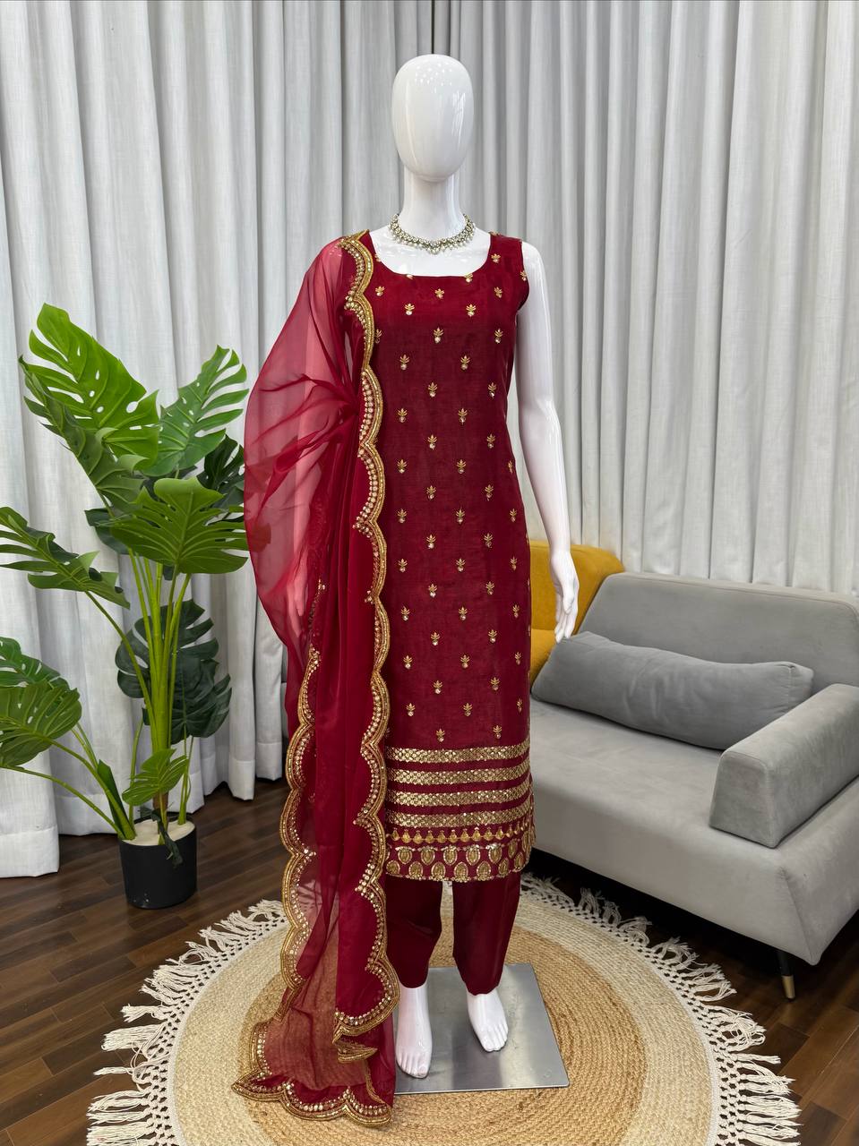Roman Glass Maroon Thread & Sequnce work Kurta Set