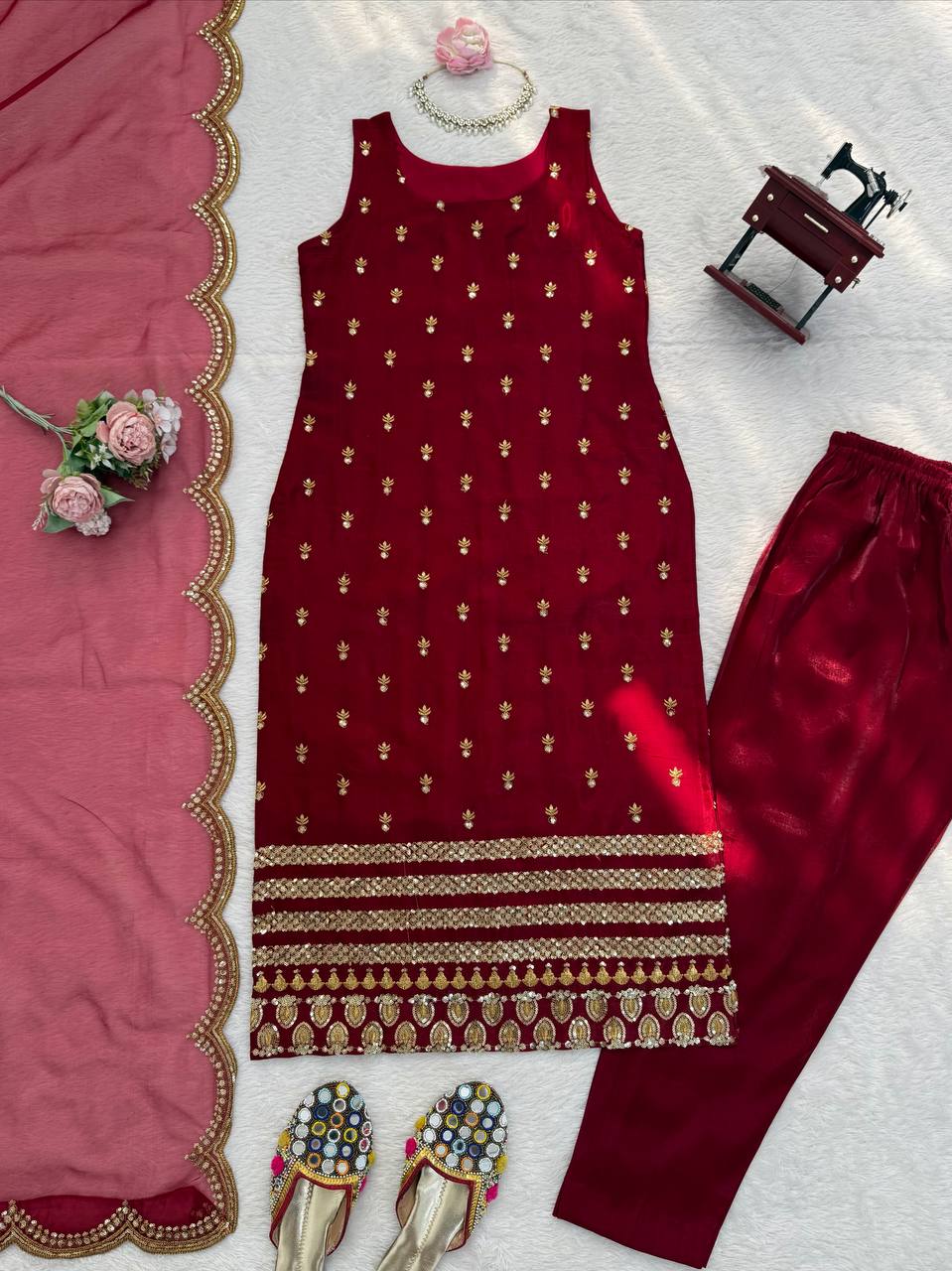 Roman Glass Maroon Thread & Sequnce work Kurta Set
