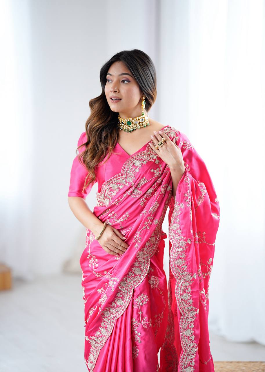 Pink Color Glam Saree Drop Japan Satin Silk Saree