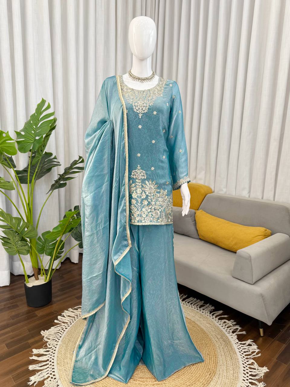 Aqua Blue Fendy Silk Embroidered Pakistani Suit Set