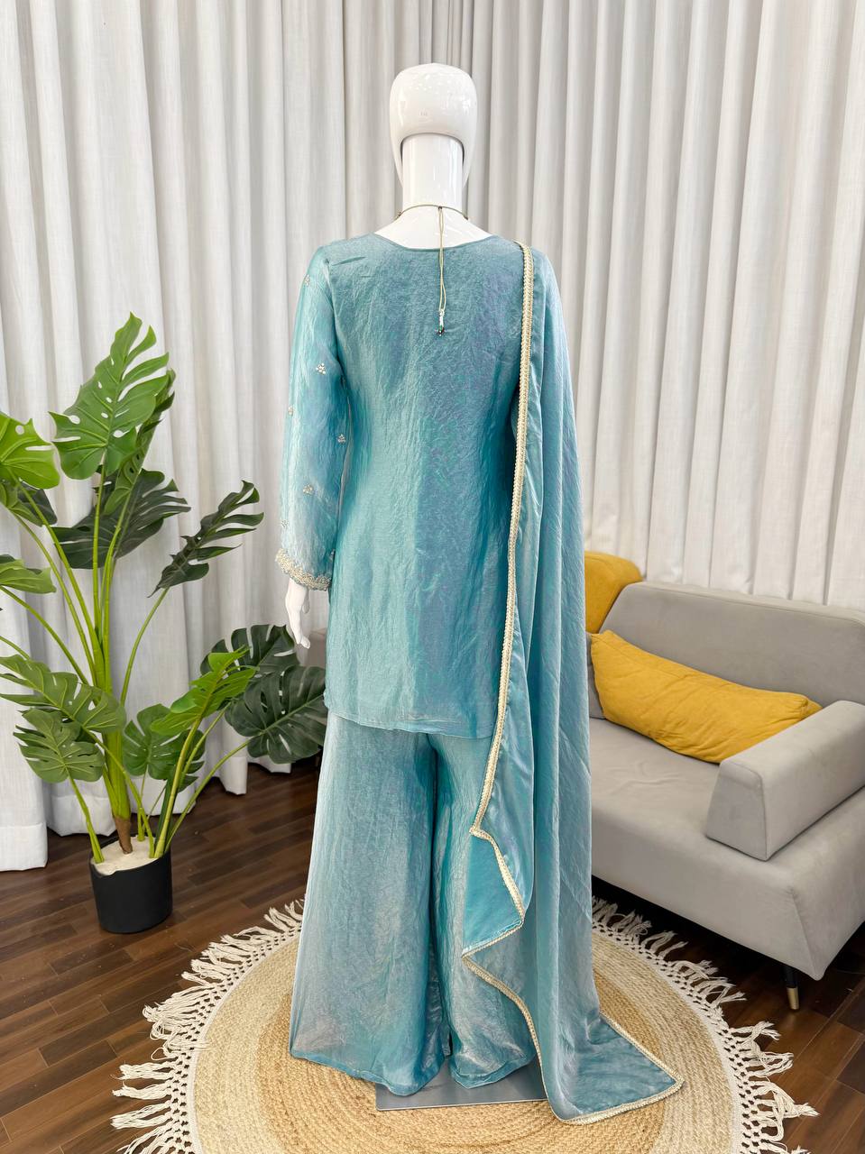 Aqua Blue Fendy Silk Embroidered Pakistani Suit Set