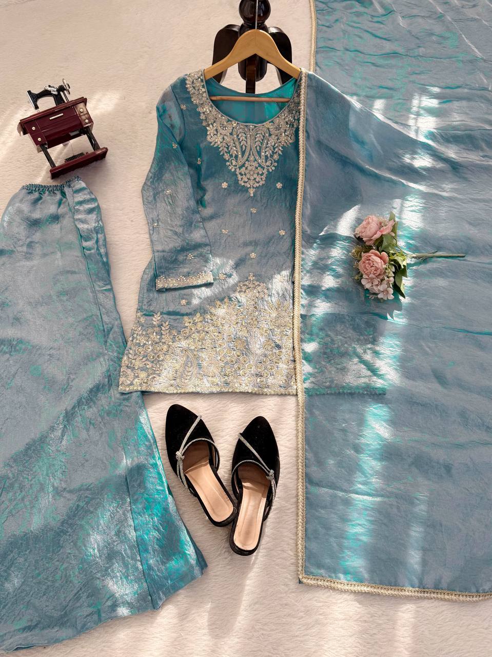 Aqua Blue Fendy Silk Embroidered Pakistani Suit Set