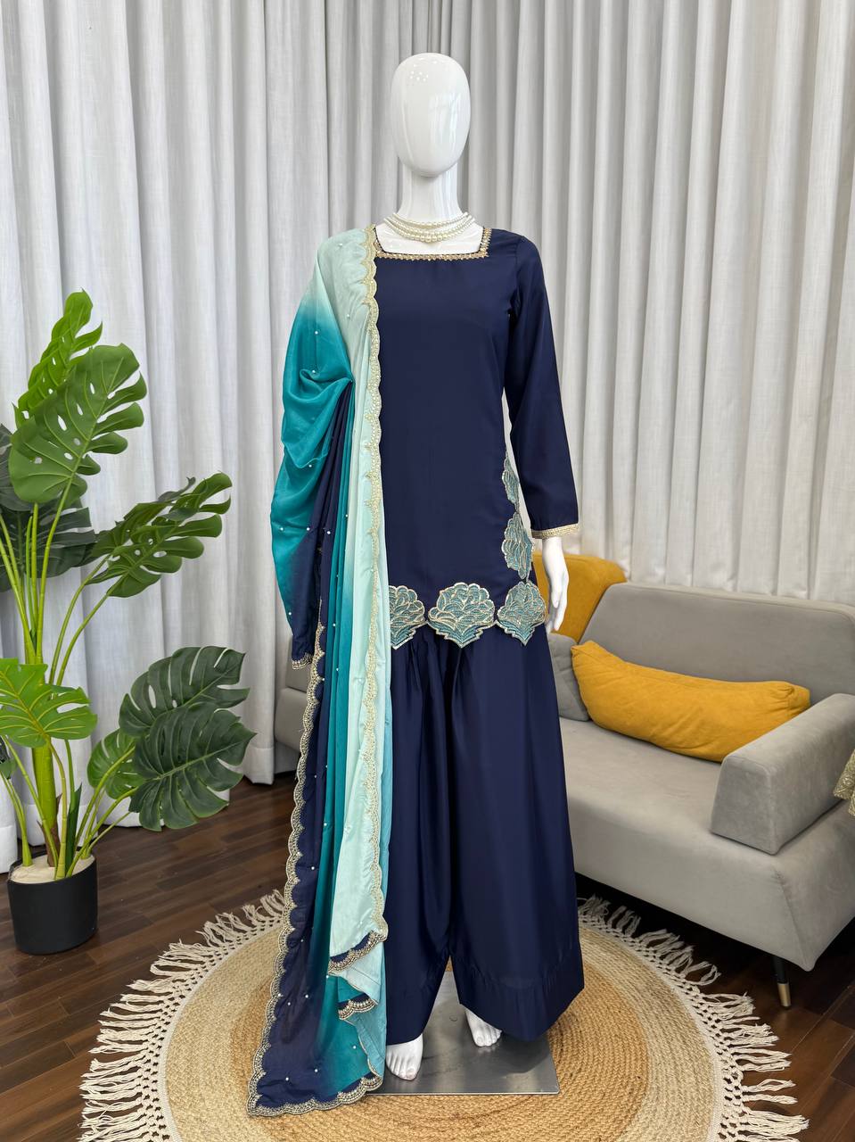 Royal Blue Embroidered Pakistani Palazzo Suit Set