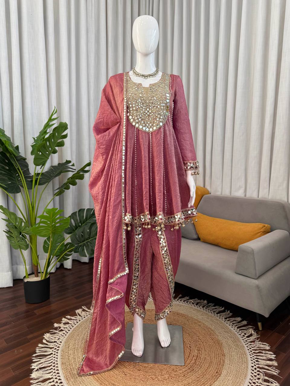 Royal Rose Pink Mirror Work Dhoti Style Suit Set