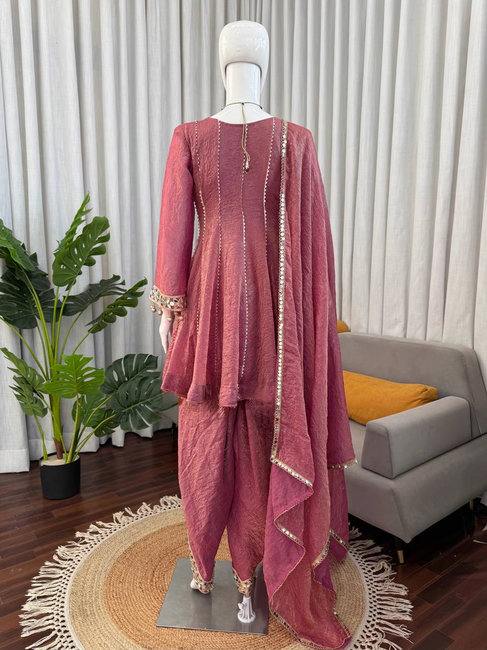 Royal Rose Pink Mirror Work Dhoti Style Suit Set