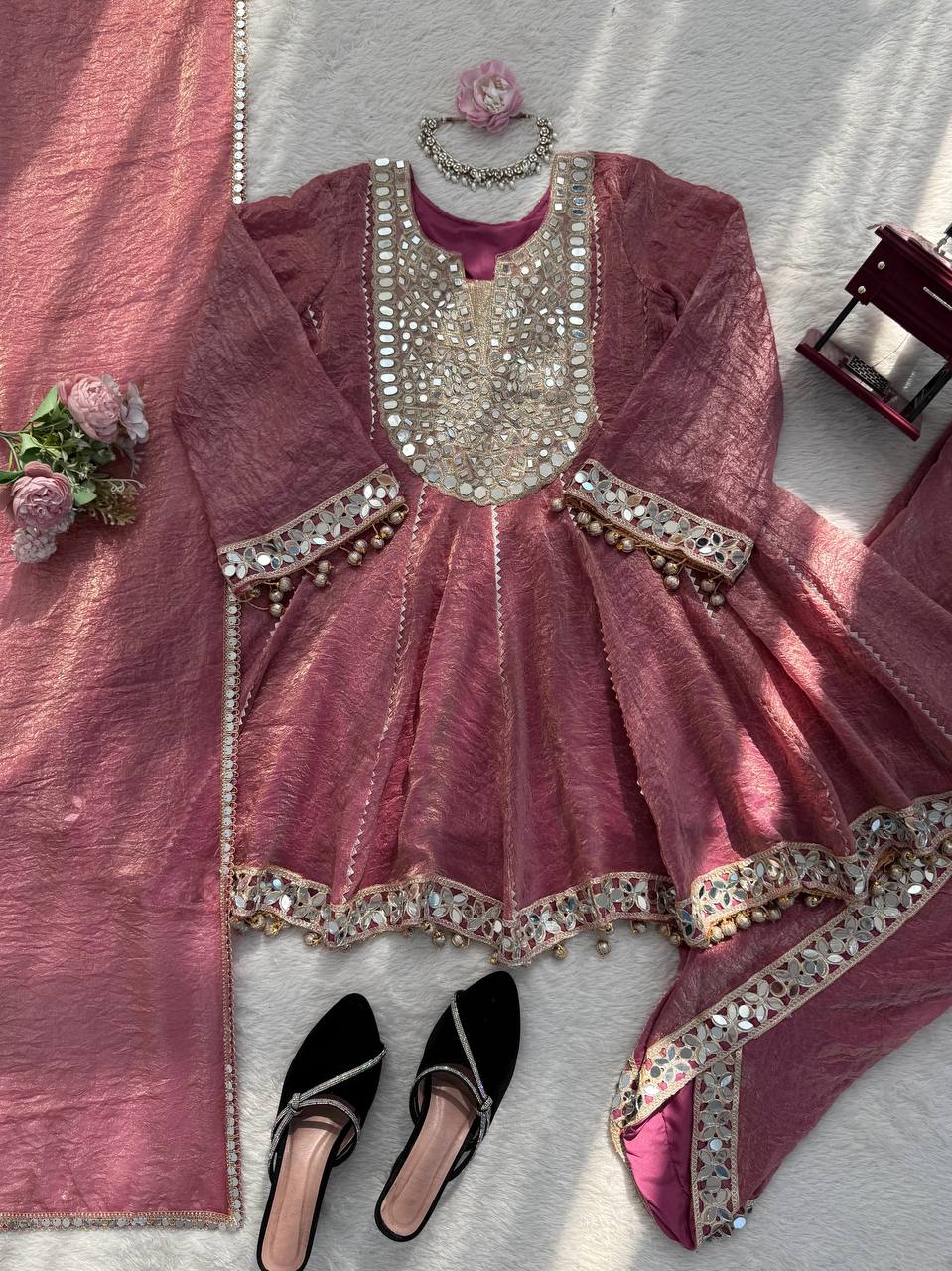 Royal Rose Pink Mirror Work Dhoti Style Suit Set