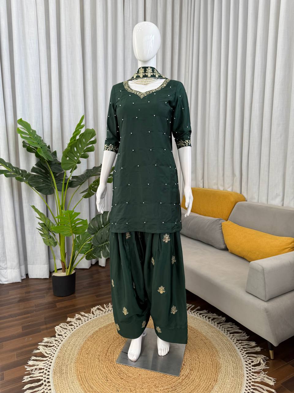 Emerald Green Pearl Work Designer Palazzo Suit Set