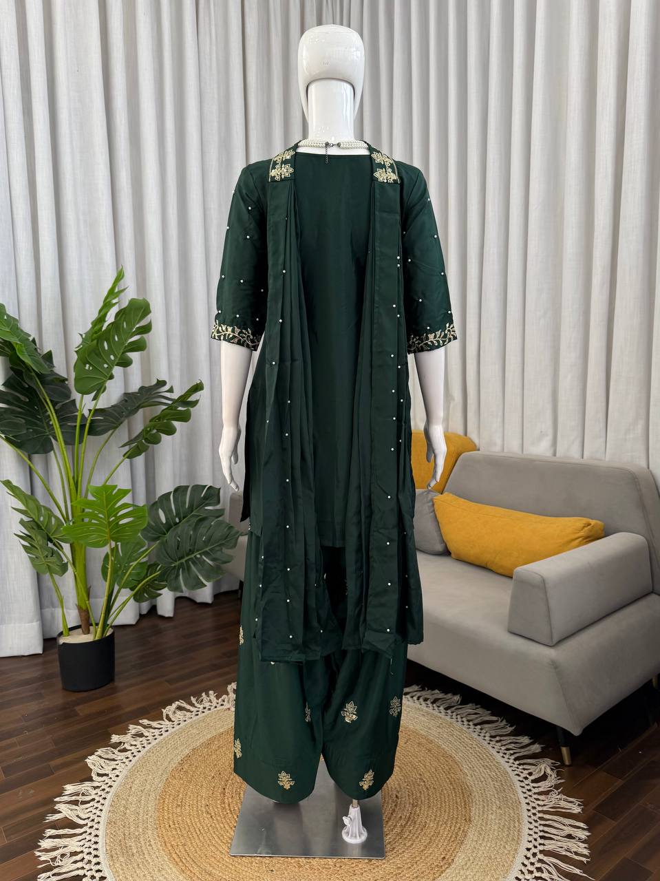 Emerald Green Pearl Work Designer Palazzo Suit Set