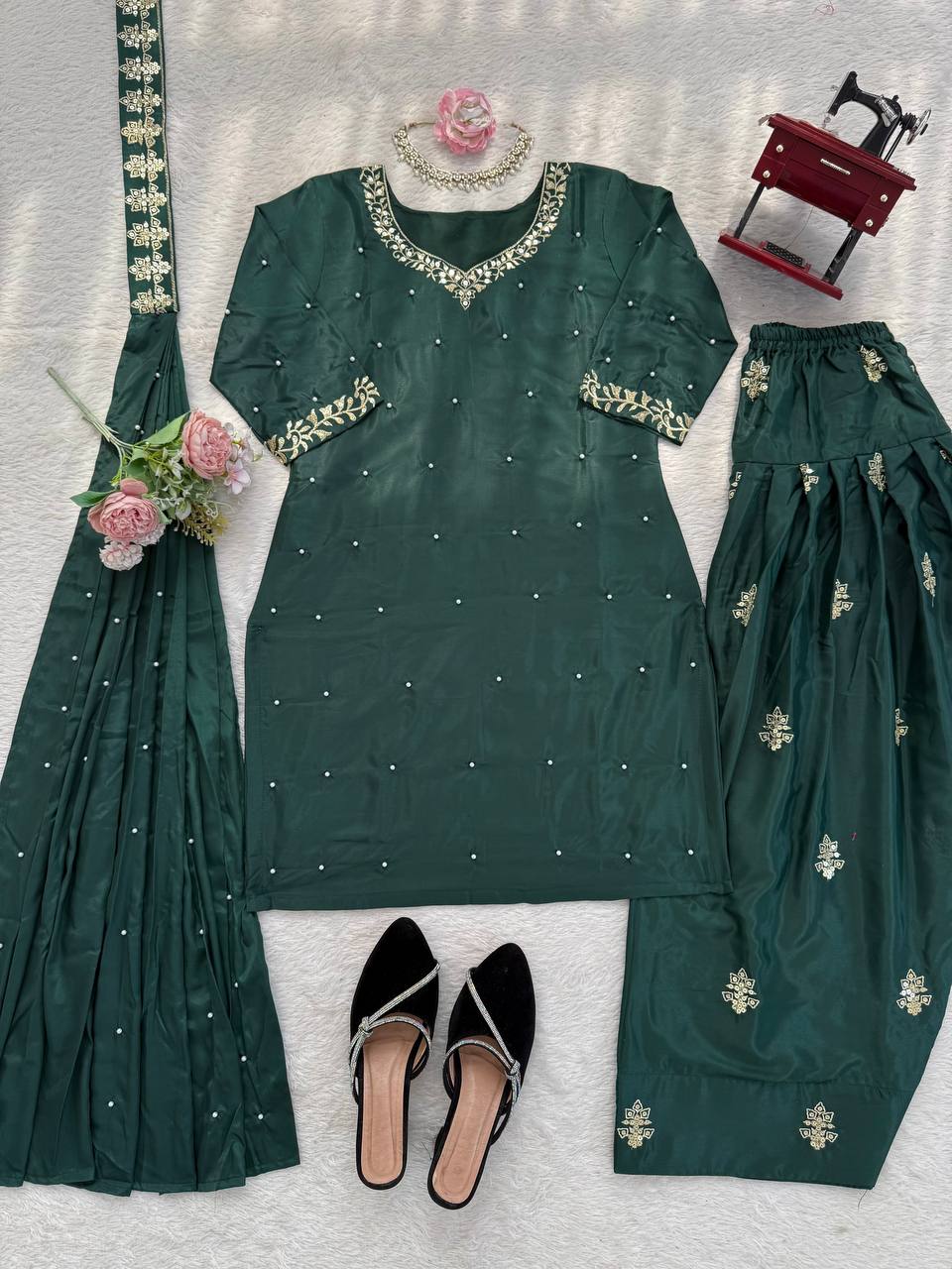 Emerald Green Pearl Work Designer Palazzo Suit Set