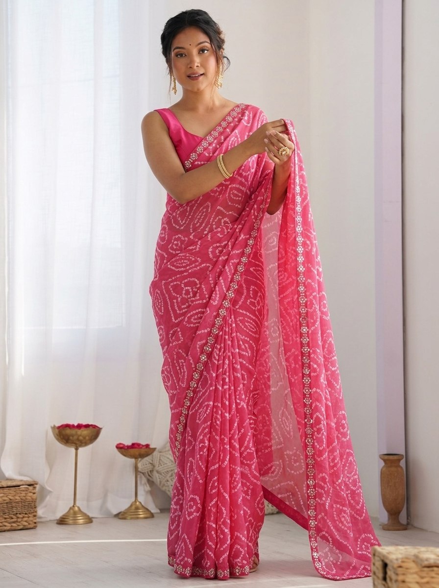 Georgette Pink Color Bandhej Print Saree