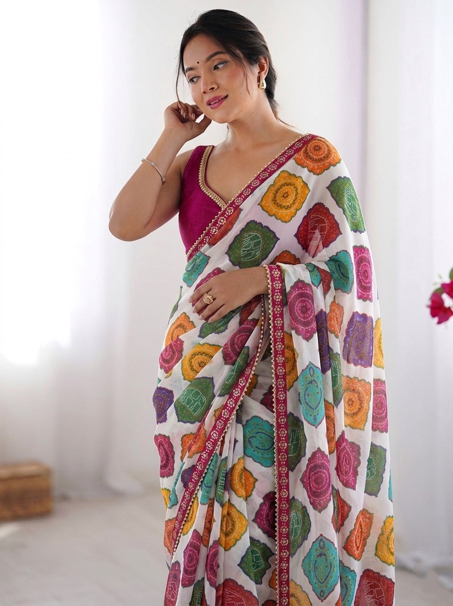 White Multicolor Bandhej Print Saree