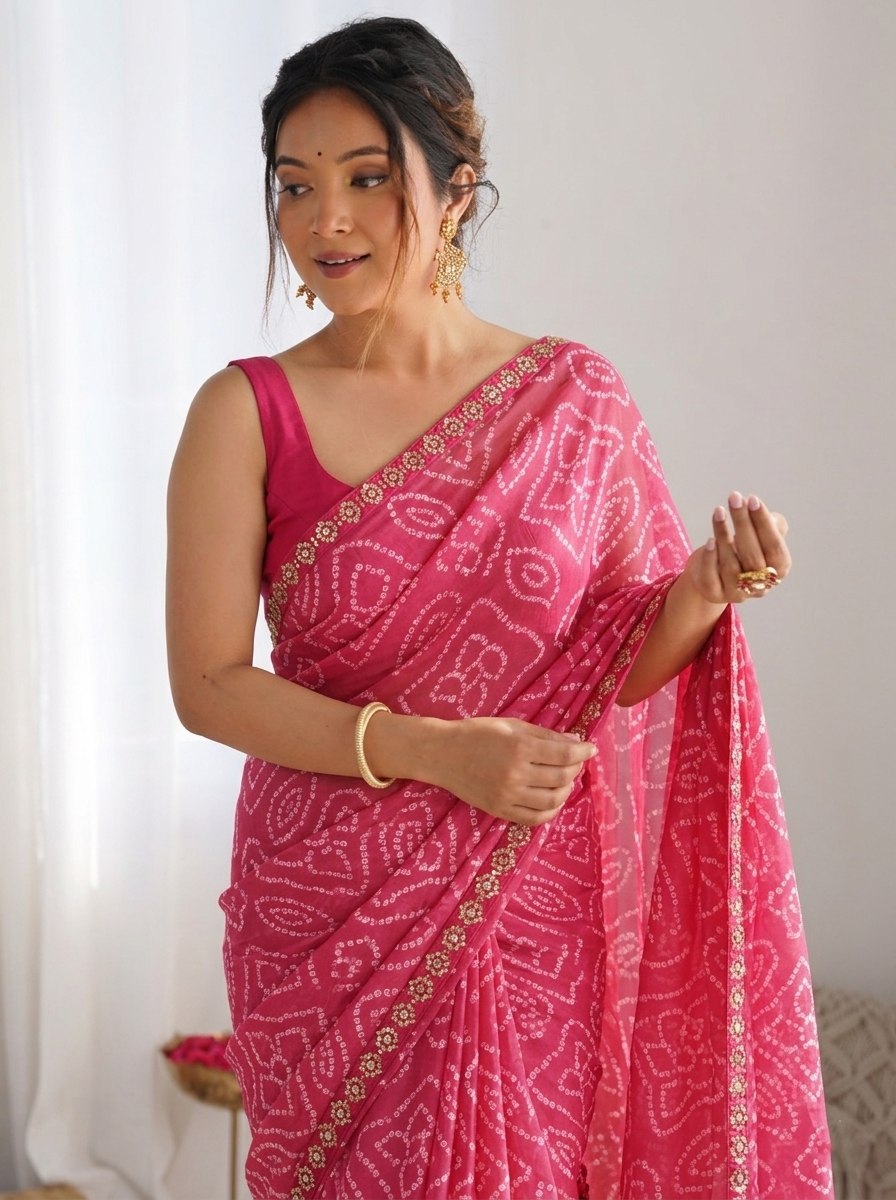 Georgette Pink Color Bandhej Print Saree