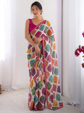 White Multicolor Bandhej Print Saree