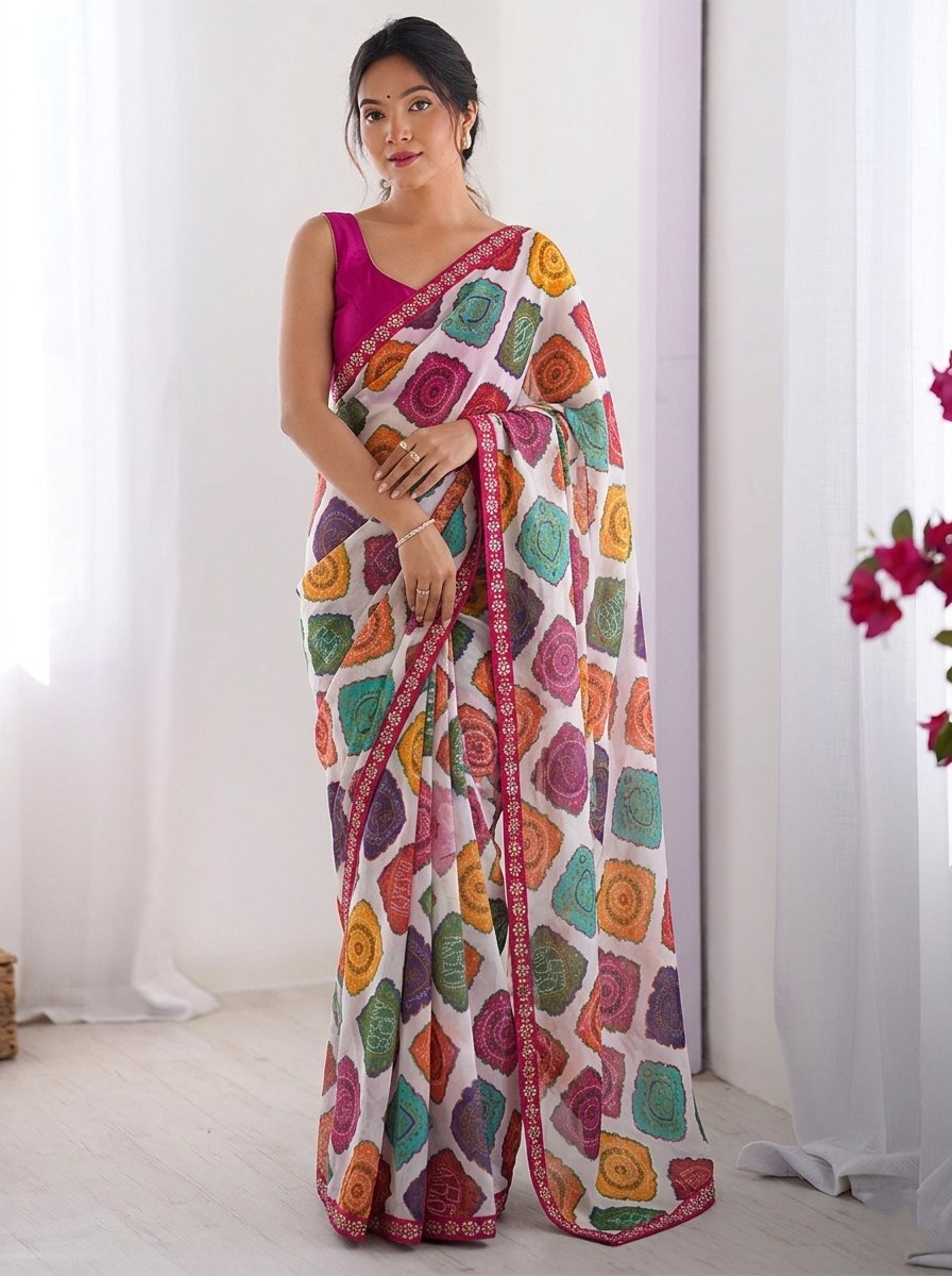 White Multicolor Bandhej Print Saree