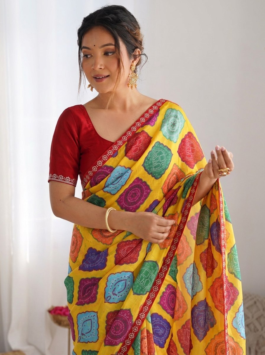 Yellow Multicolor Georgette Bandhej Print Saree