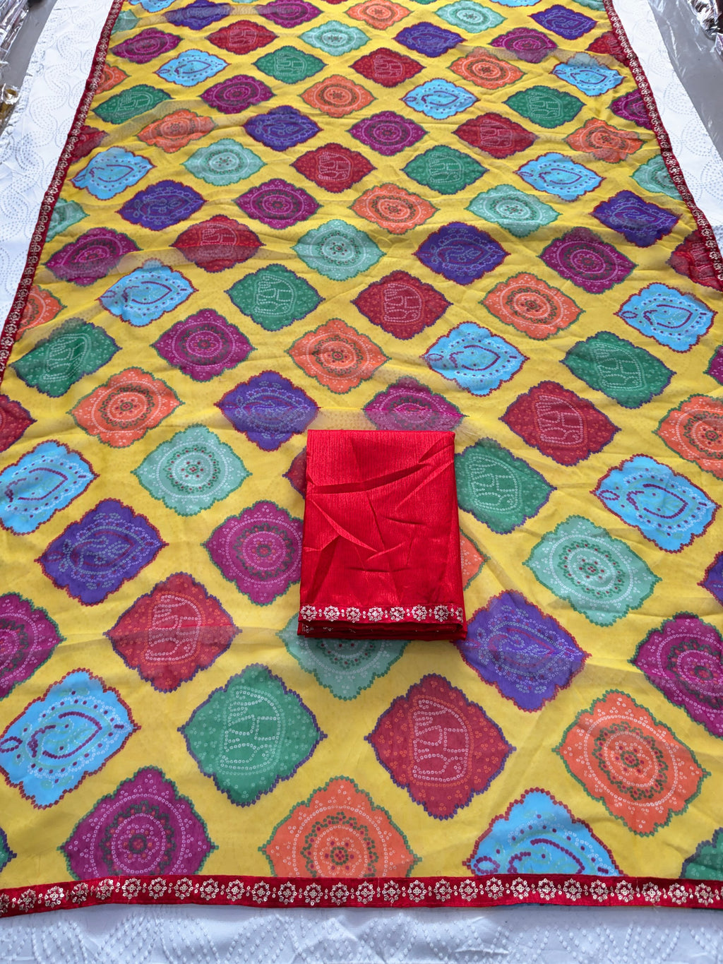 Yellow Multicolor Georgette Bandhej Print Saree