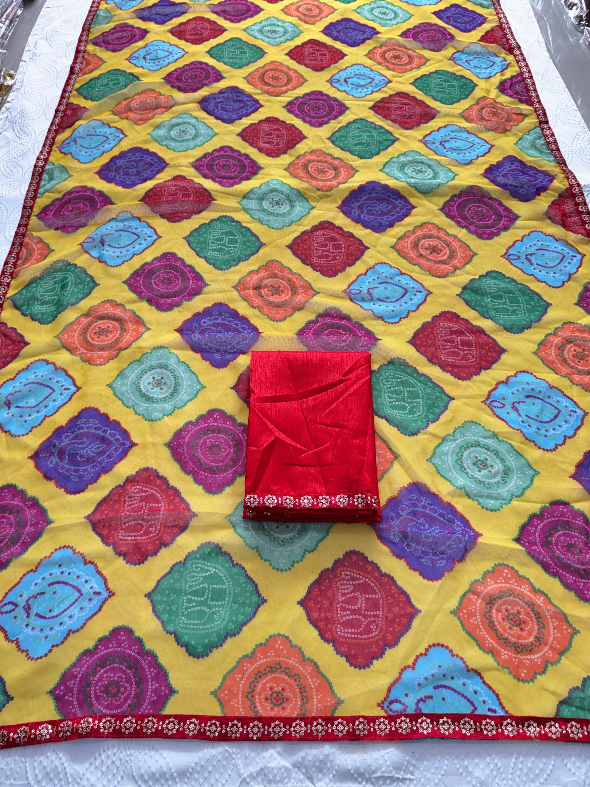 Yellow Multicolor Georgette Bandhej Print Saree