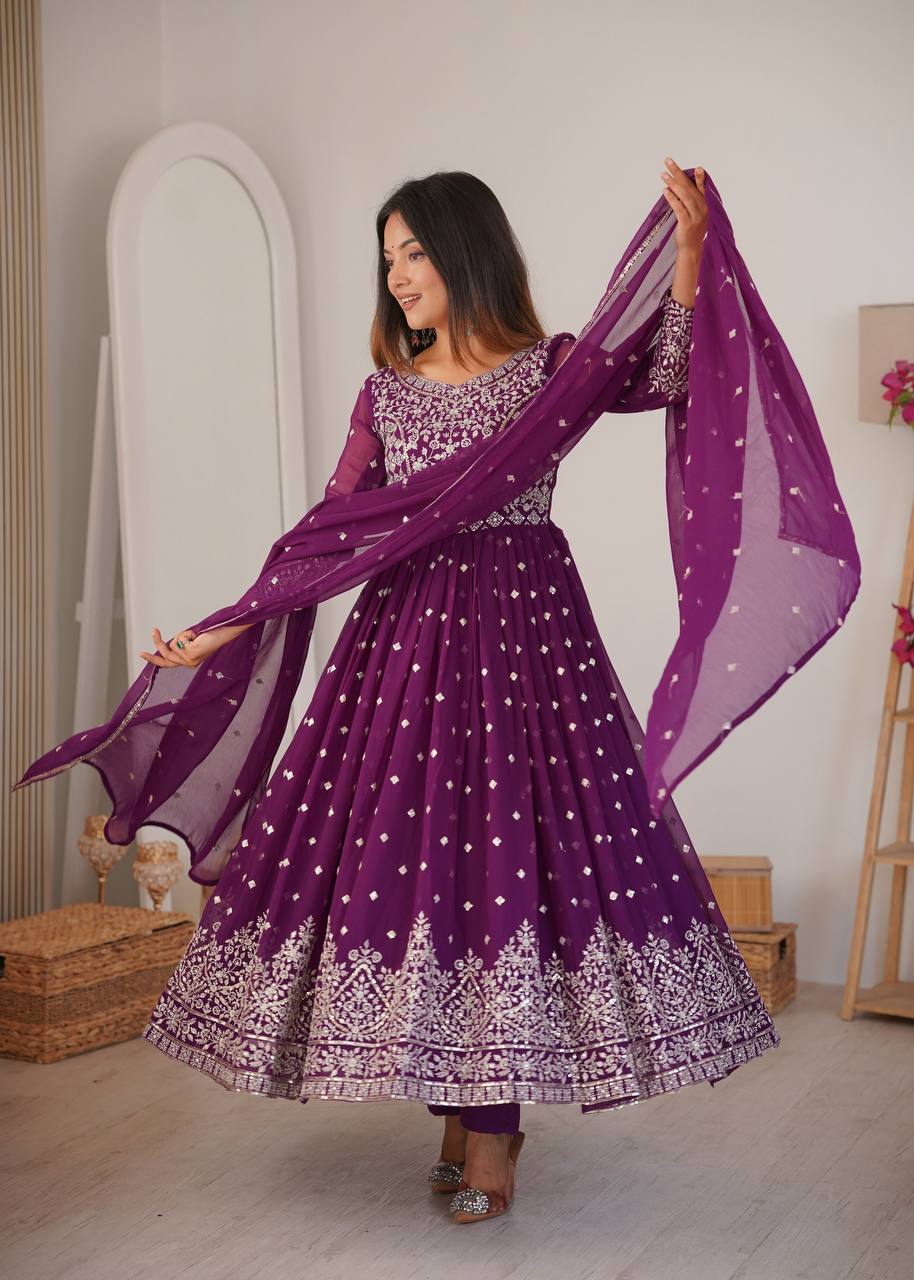 Purple Designer Embroidered Faux Georgette Anarkali Suit