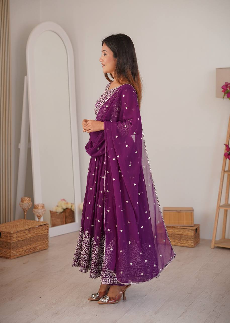 Purple Designer Embroidered Faux Georgette Anarkali Suit