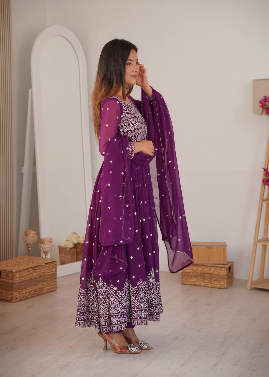 Purple Designer Embroidered Faux Georgette Anarkali Suit