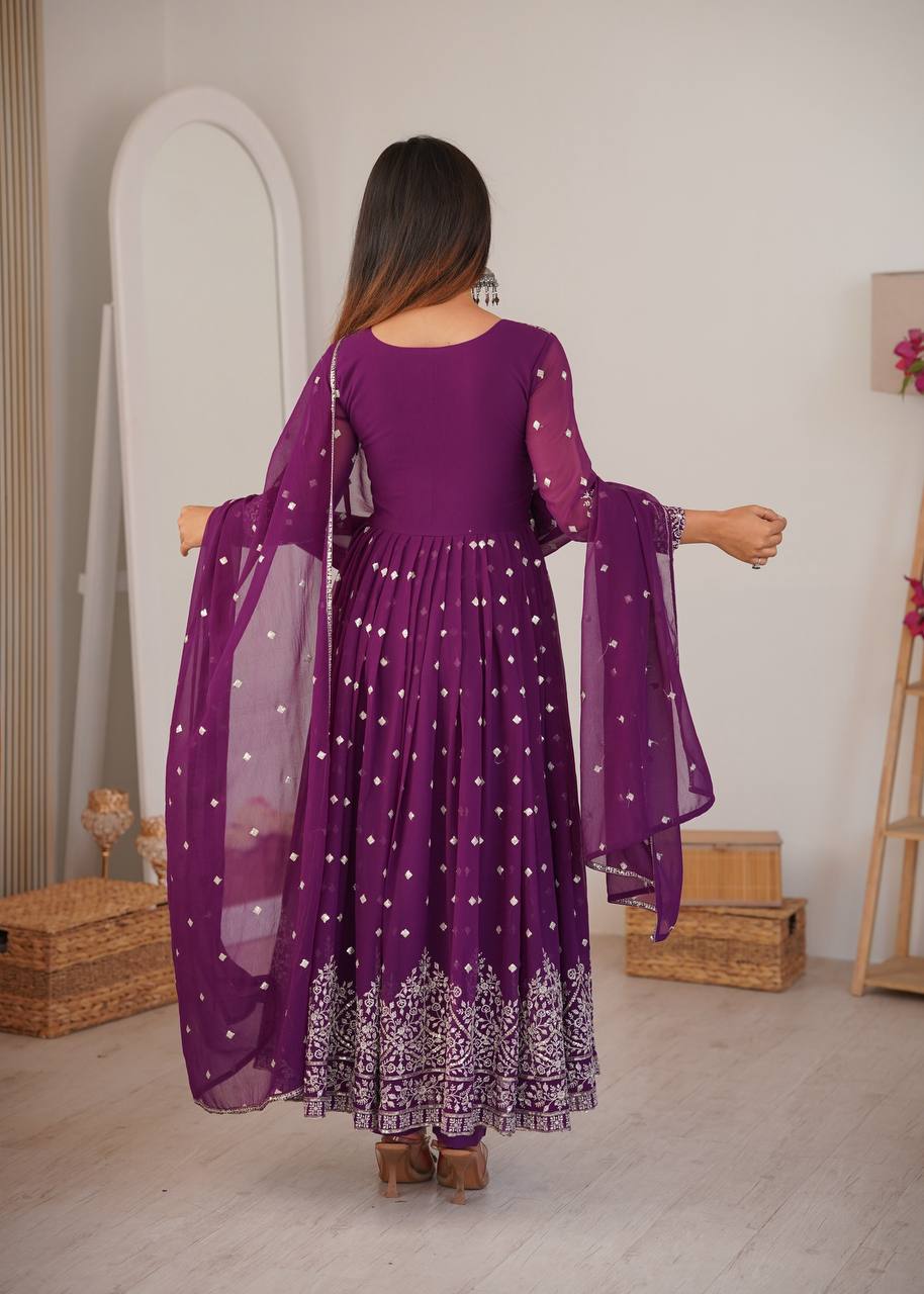 Purple Designer Embroidered Faux Georgette Anarkali Suit