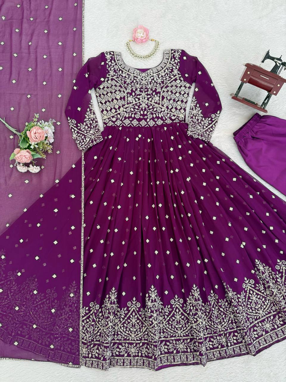 Purple Designer Embroidered Faux Georgette Anarkali Suit