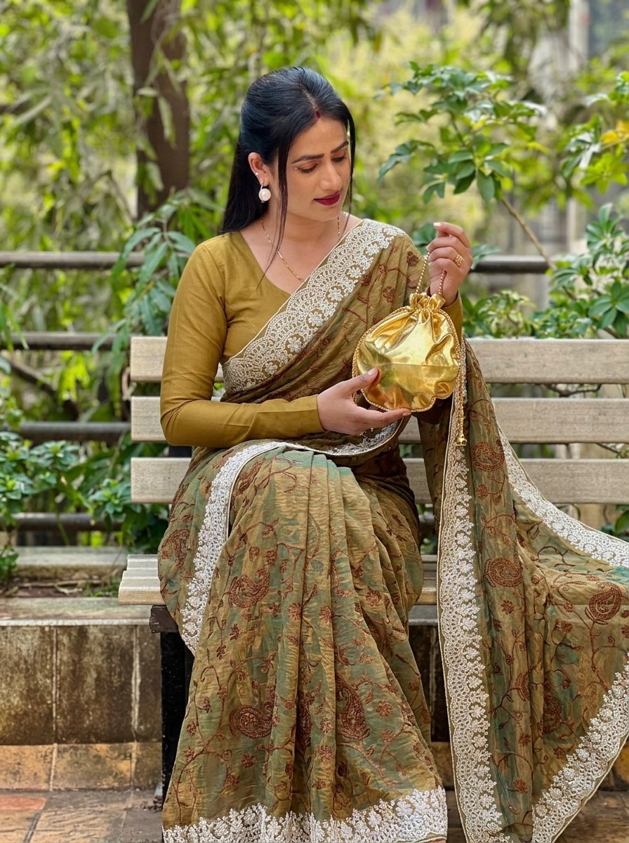 Chikankari Work Brown & Mustard with White Lace Saree