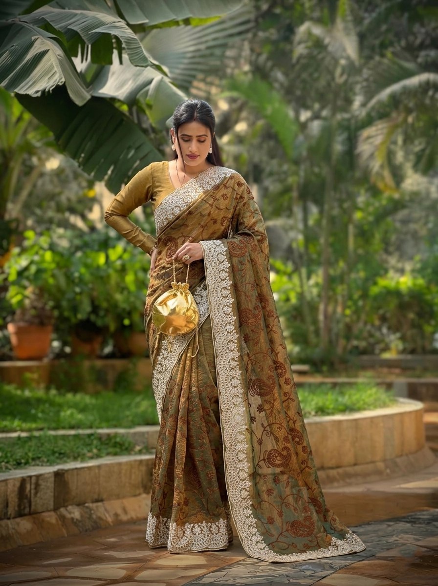Chikankari Work Brown & Mustard with White Lace Saree