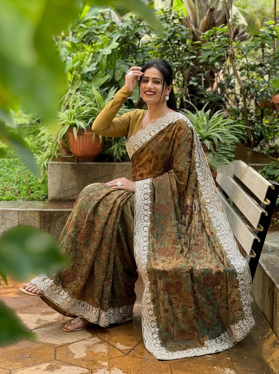 Chikankari Work Brown & Mustard with White Lace Saree