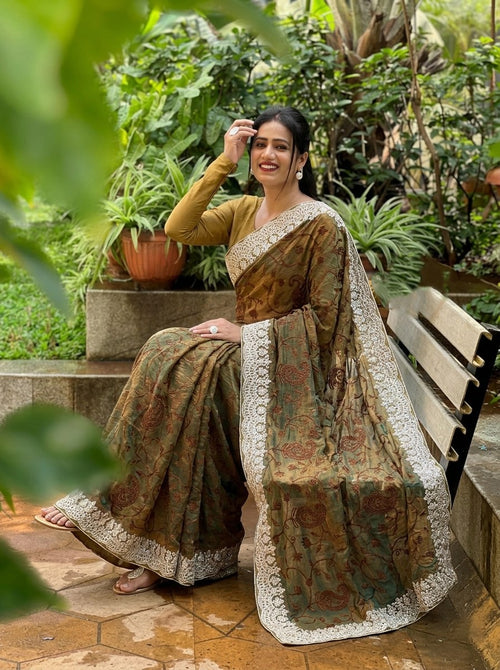 Chikankari Work Brown & Mustard with White Lace Saree